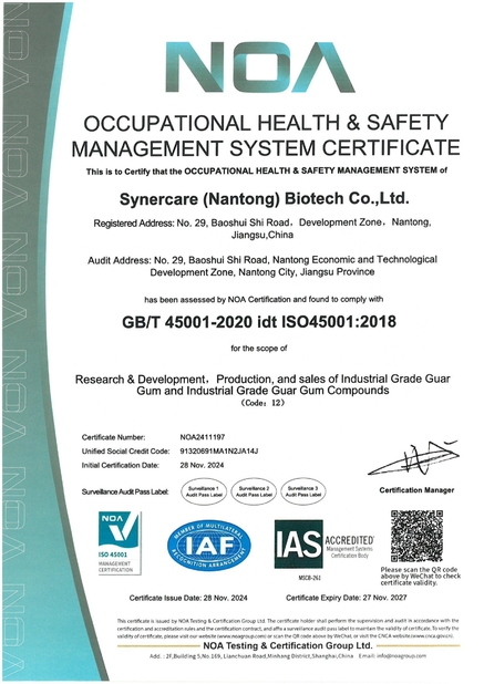 ΚΙΝΑ Synercare (Nantong) Biotech Co. Ltd Πιστοποιήσεις