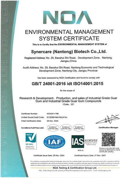 ΚΙΝΑ Synercare (Nantong) Biotech Co. Ltd Πιστοποιήσεις
